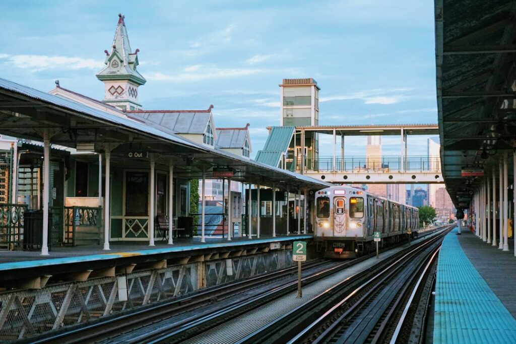 Commuter train arriving at a suburban station platform