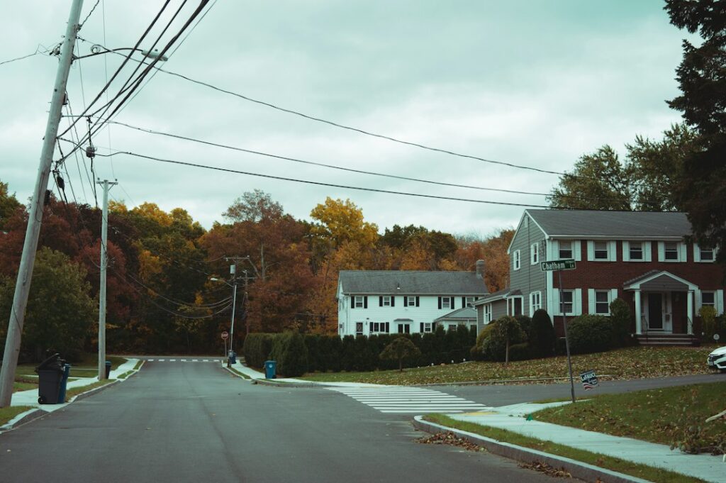 Tree-lined suburban street with houses in autumn